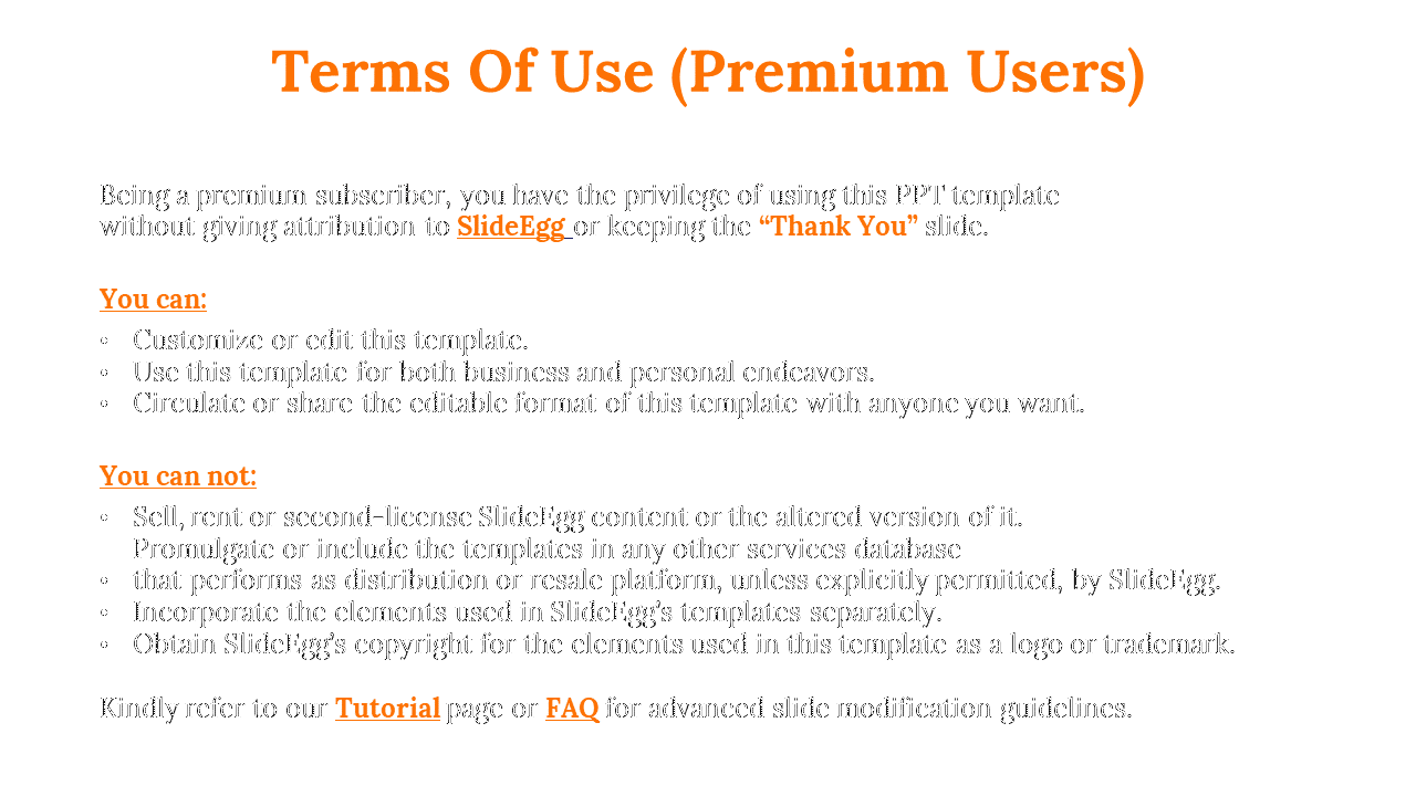 Terms of use for premium SlideEgg subscribers detailing the freedom to edit templates on a white backdrop with bullet points.