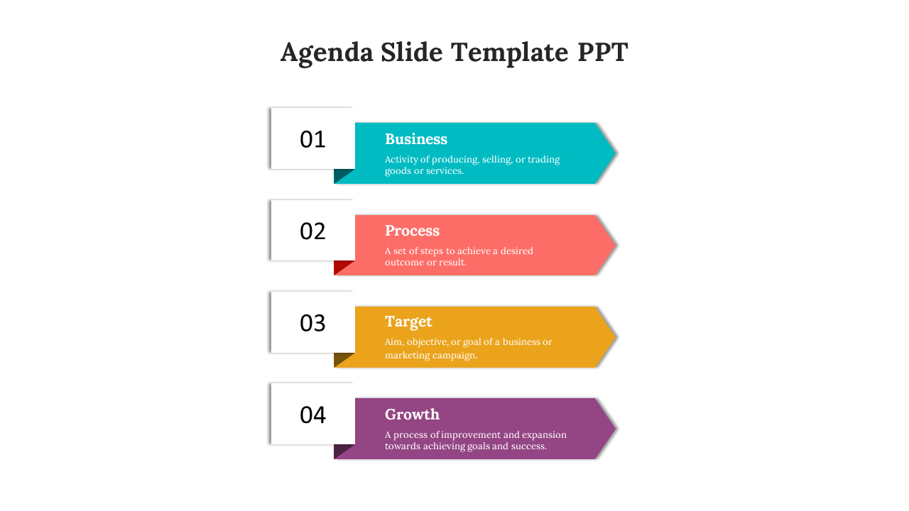 Agenda PPT slide with four sections from business, process, target, and growth, each with a colorful arrow and description.