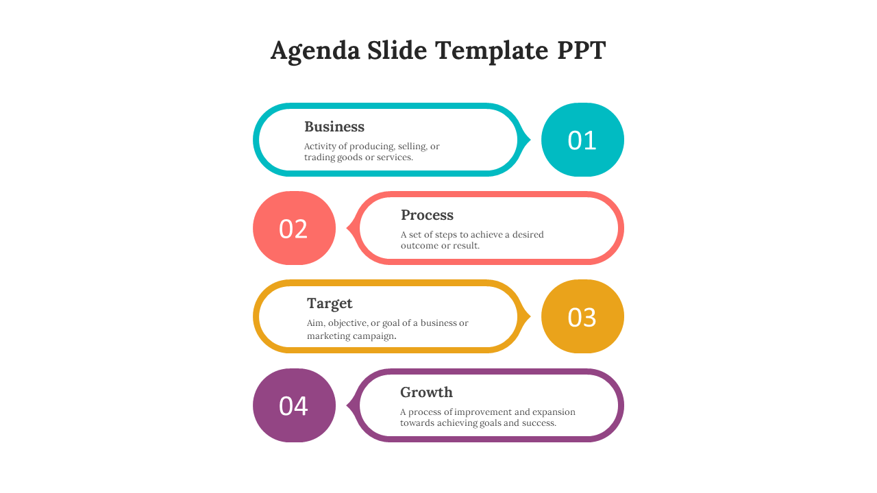 Agenda slide with four colorful sections business, process, target, and growth, each with a brief description in white theme.