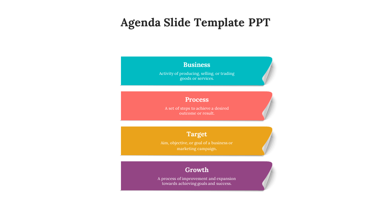 Agenda PPT slide with four colorful sections business, process, target, and growth, each with a brief description.