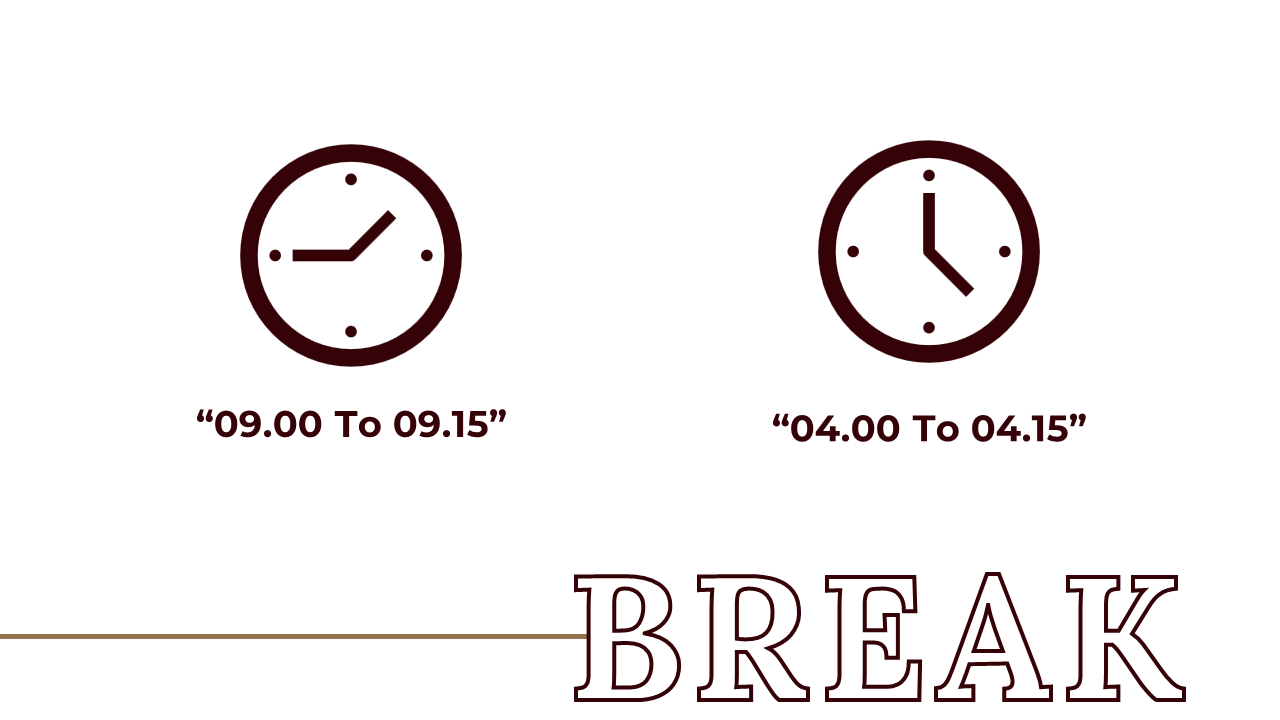 Two clock images showing different break times 09.00 to 09.15 and 04.00 to 04.15 with break text on a white backdrop.