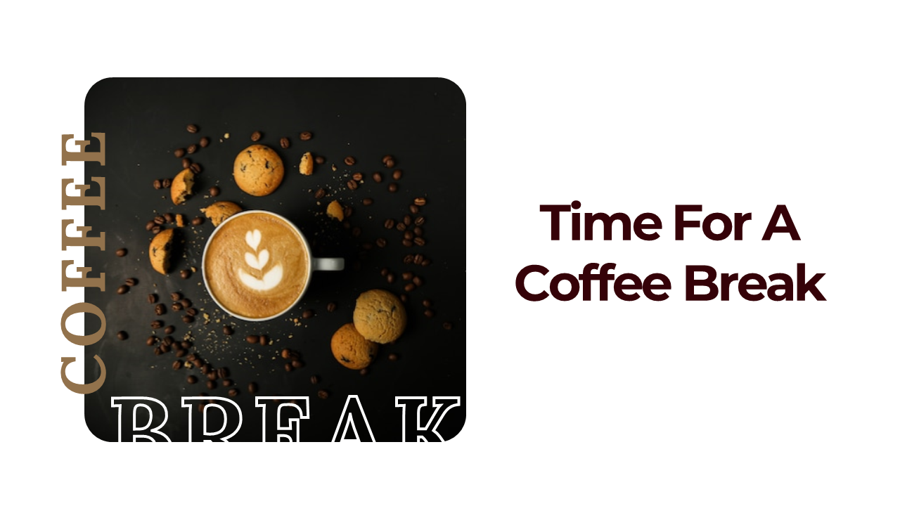 A cup of coffee with a heart shaped design, surrounded by coffee beans and cookies, with the text on a white backdrop.