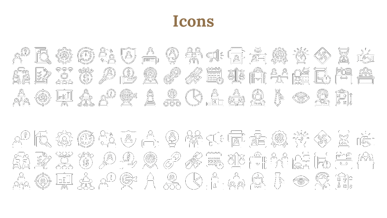 A collection of various icons such as people, gears, money, graphs, and security symbols, grouped in rows in white theme.