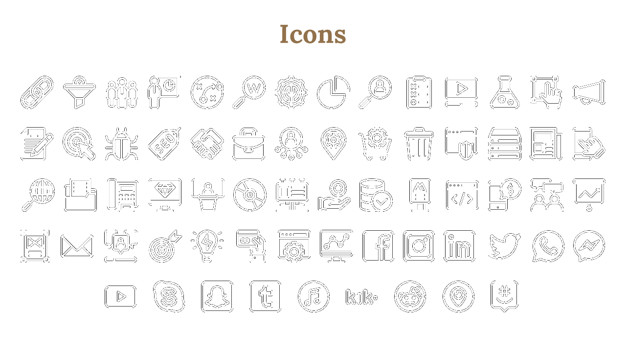 A collection of icons, including social media logos, email, SEO, charts, and technology related symbols on a white backdrop.