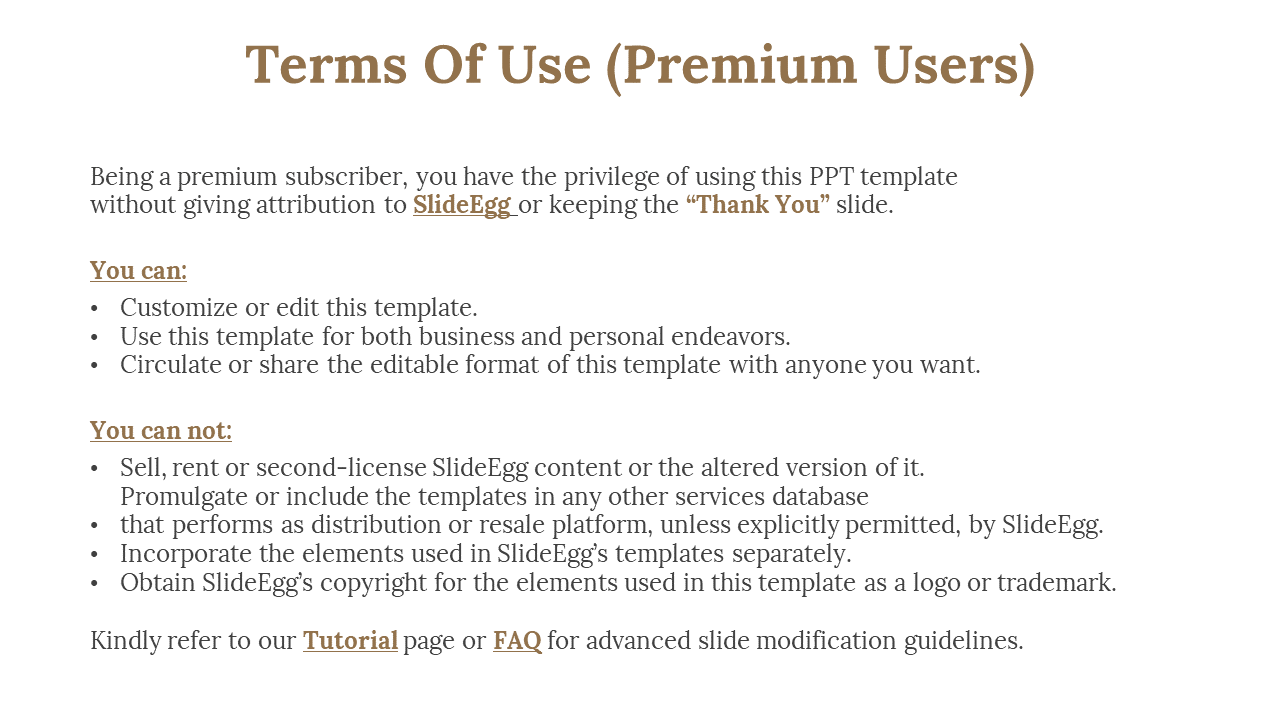 Terms of use for premium users of SlideEgg, outlining permissions for customization on a white backdrop with bullet points.