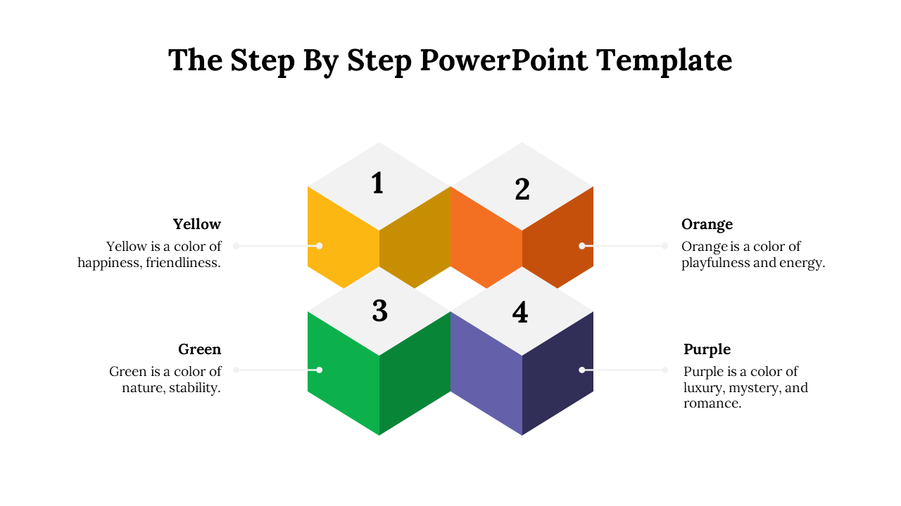 Step by step slide with four 3D blocks in yellow, orange, green, and purple, each representing different colors and meanings.