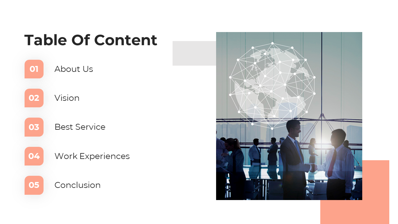 A table of contents slide with a list of sections and a background featuring a digital globe and business professionals.
