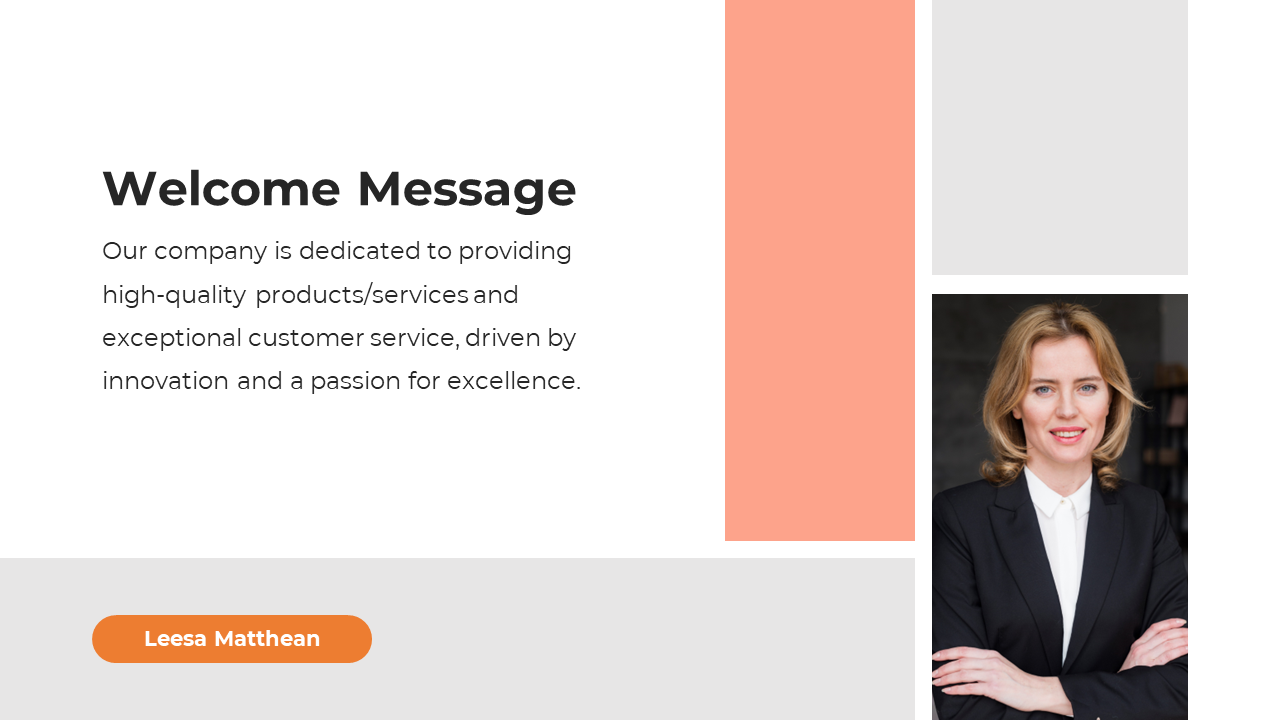 A welcome message slide featuring a professional woman in a black suit and the text description on a white and orange theme.