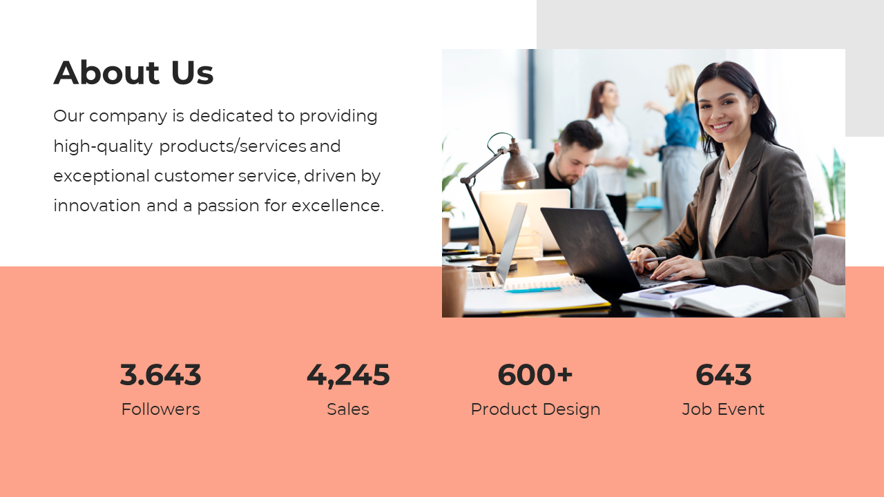 White and orange about us slide featuring a professional woman in a suit working on her laptop with business statistics.