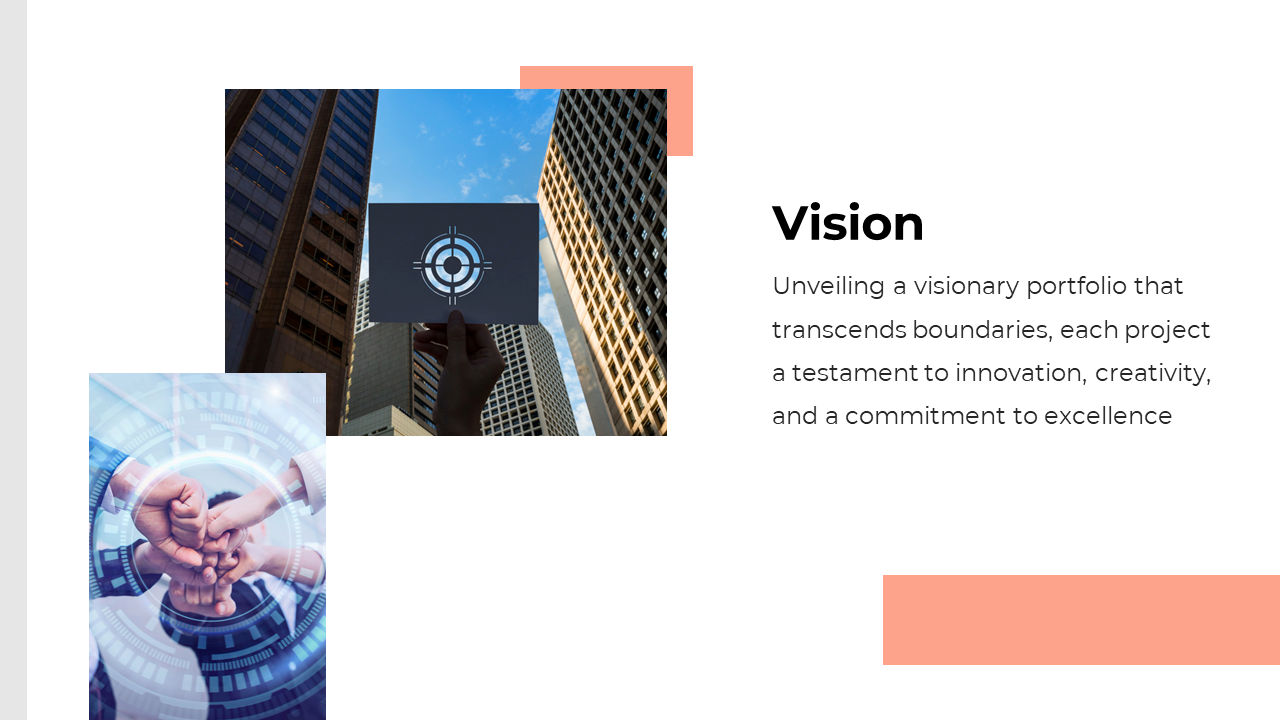 Corporate vision slide with a futuristic digital handshake and a businessperson holding a target on a white backdrop.