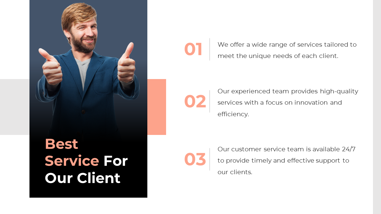 A business professional offering a thumbs up with a slide outlining the wide range of services on a white backdrop.