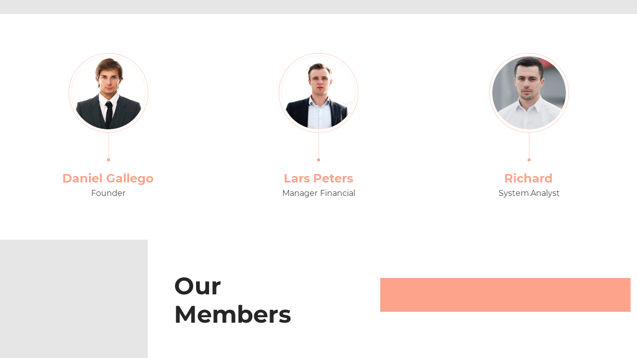 Team members for the company Daniel Gallego, Lars Peters, and Richard, with their respective roles listed on a white theme.