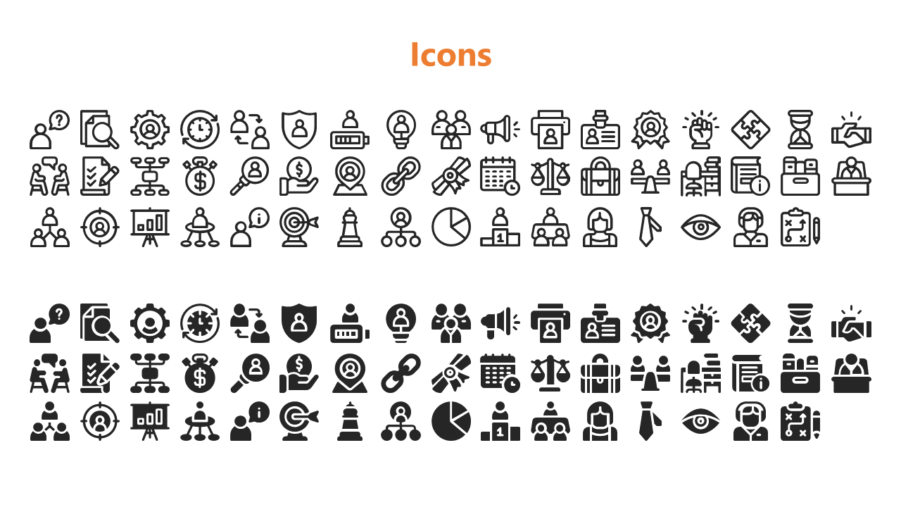 A collection of business related icons, including people, finance, analytics, and various tools on a white backdrop.