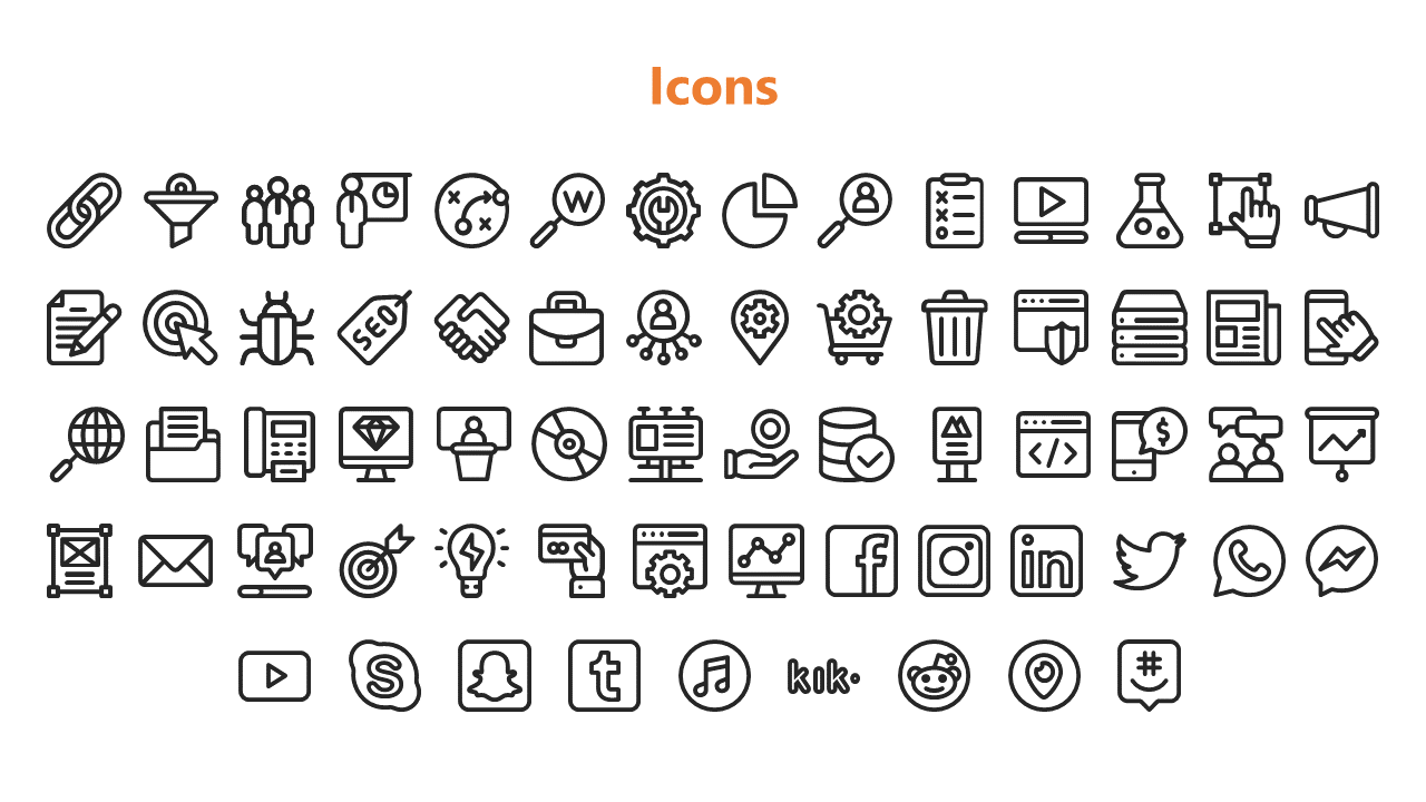 Collection of icons for digital tools, social media and communication including social media logos and graphs in white theme.