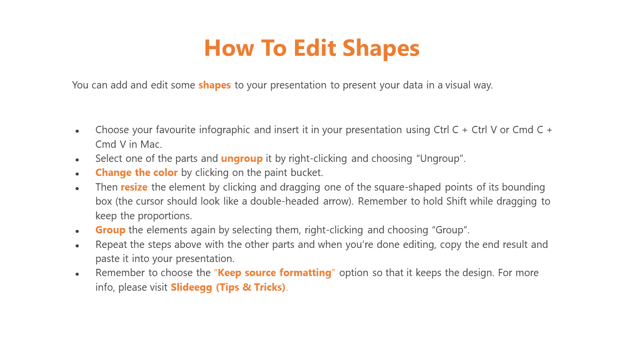 Instructions on how to edit shapes in a PPT presentation, including steps like ungrouping, resizing, and changing colors.