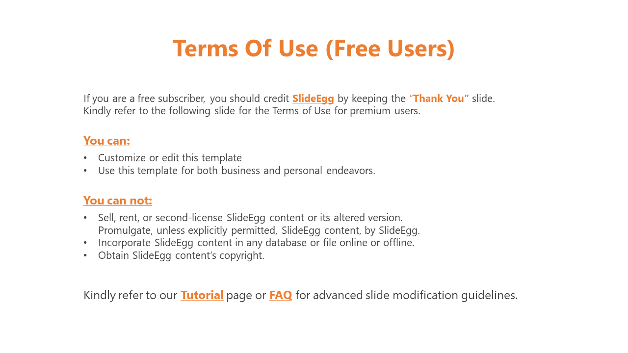 Terms of use for free subscribers of SlideEgg, outlining permissions and restrictions on a white backdrop with bullet points.
