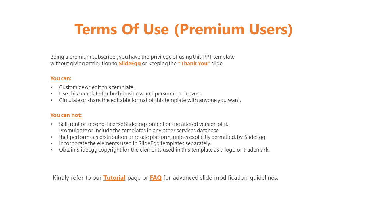 Terms of use for premium subscribers of SlideEgg, detailing the privileges and restrictions for customizing on a white theme.
