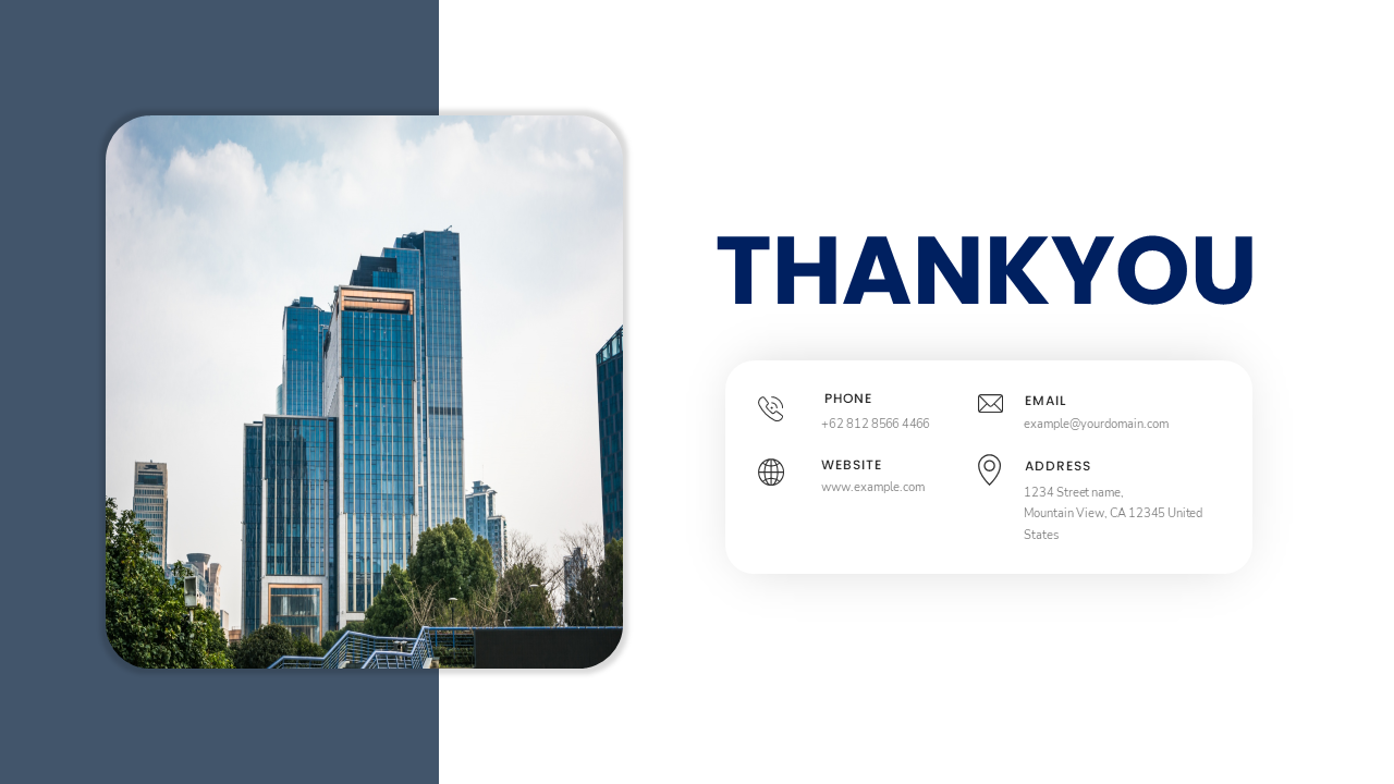 Thank you message with contact information and a city skyline background on a white and blue backdrop.