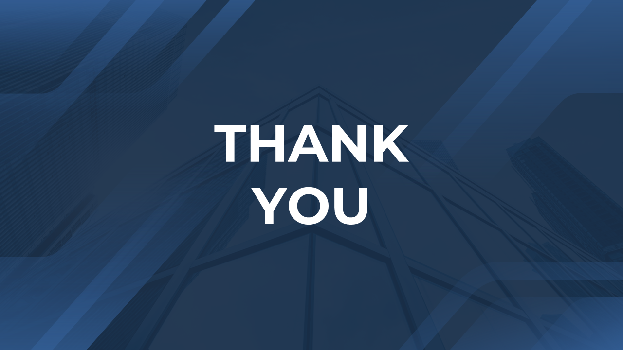 Thank you message with a dark blue geometric overlay and a modern cityscape background.