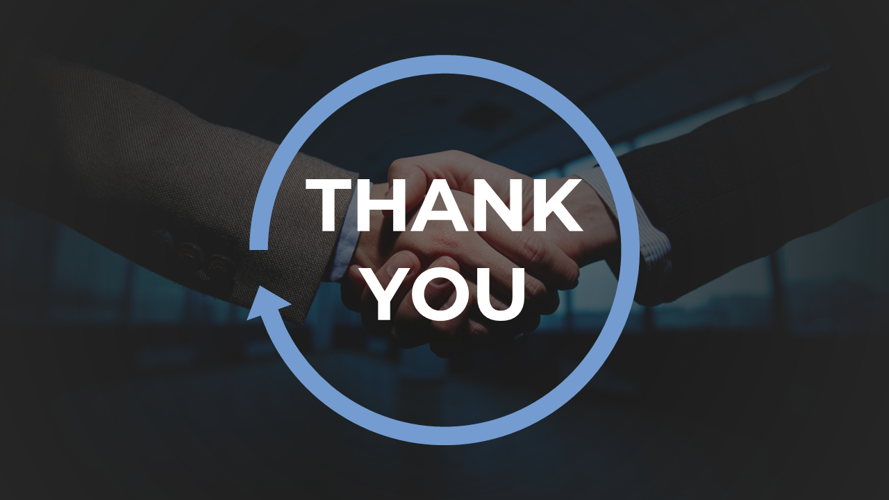 Thank you message surrounded by a circular blue arrow with two people shaking hands in the background.