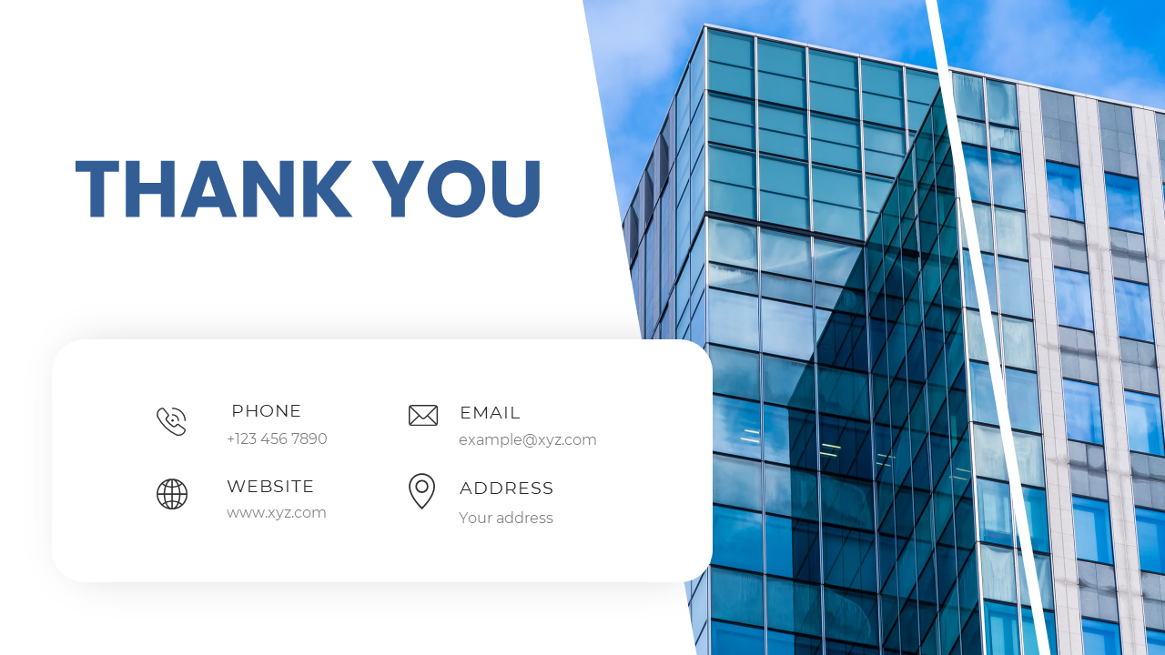 Thank you message with contact details and a modern office building background on a white backdrop.