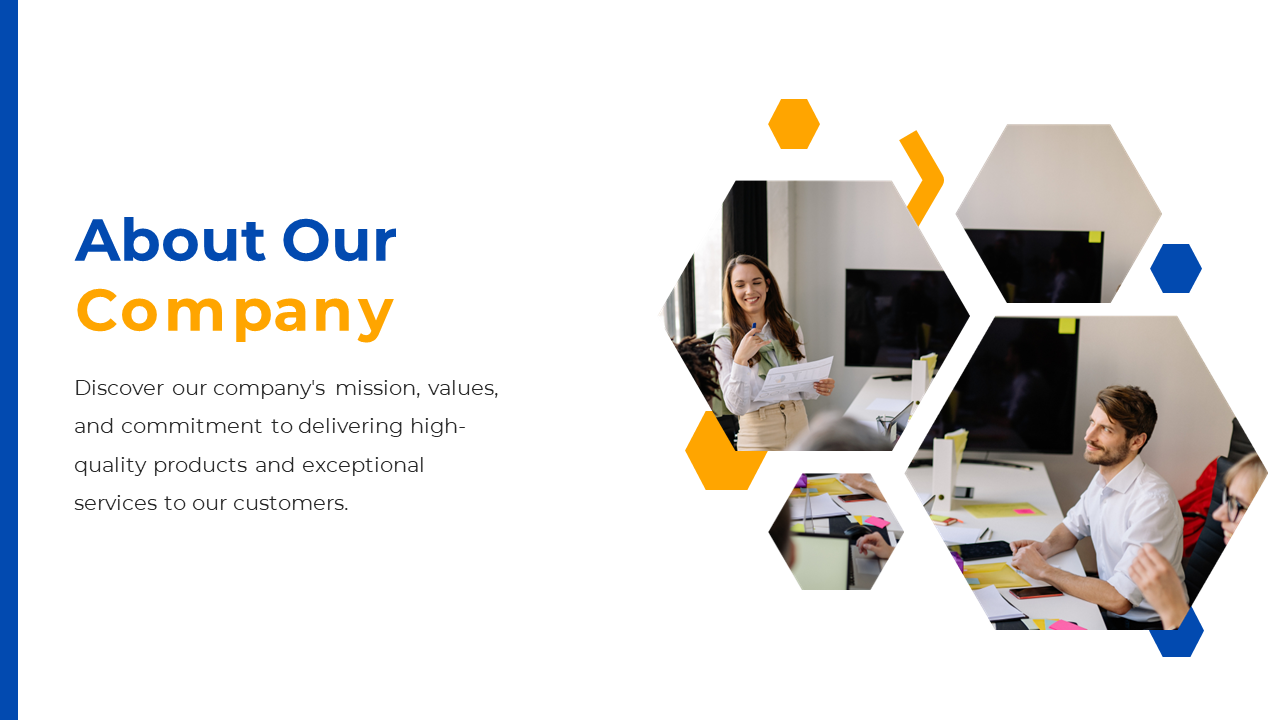 Company introduction slide with photo of a business team in a meeting and a description of the company's mission and values.