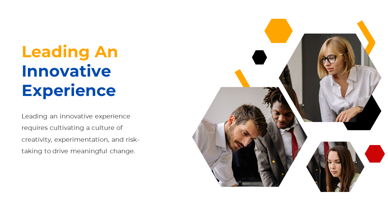 Innovative experience slide showing a diverse team of professionals collaborating on a white backdrop with description.