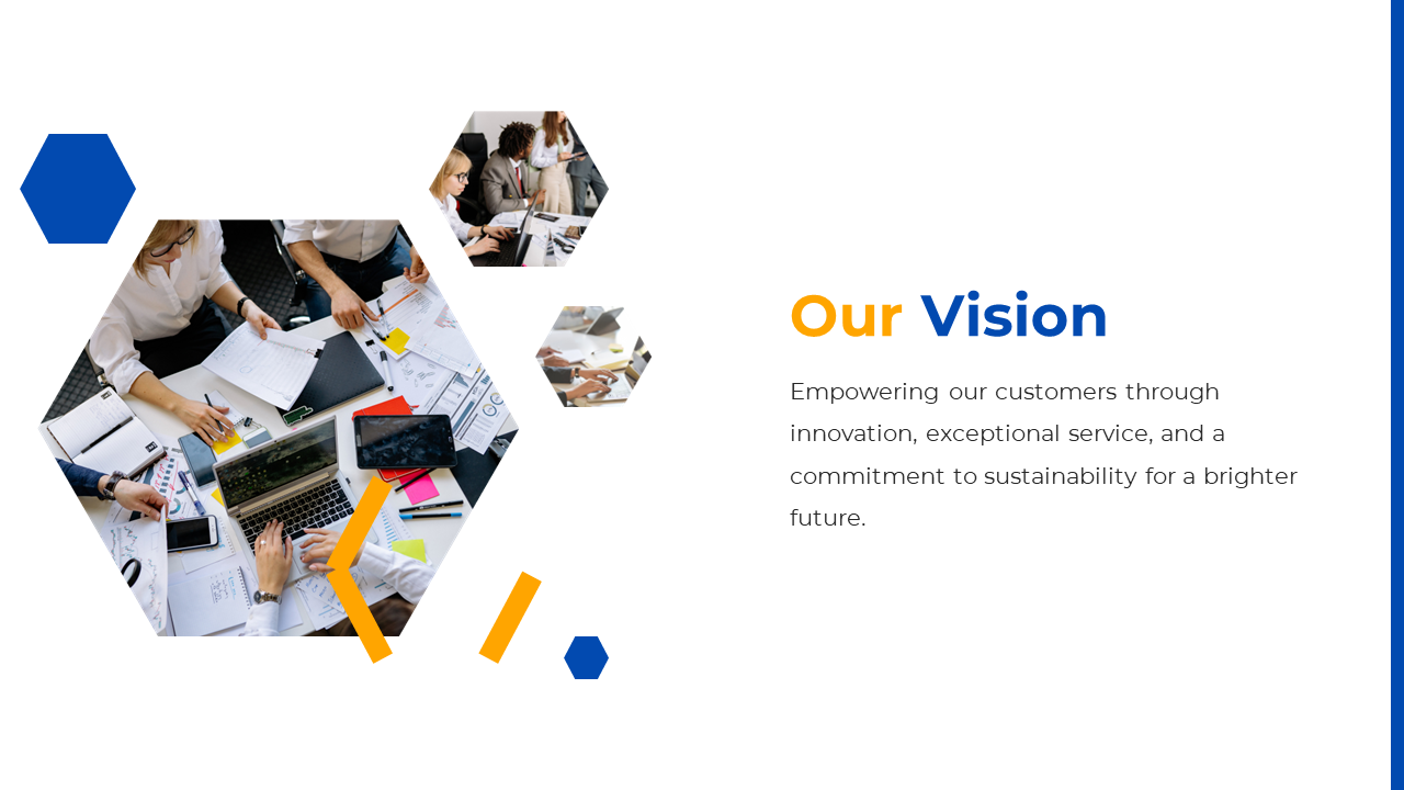 Our vision slide shows a team of professionals working together with a description on a white backdrop.