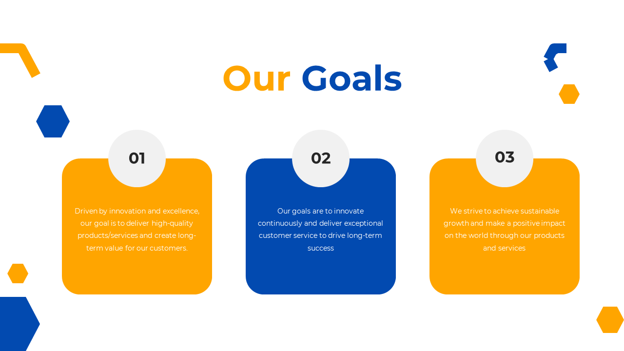 Our goals PPT slide with three key points in clue and yellow color boxes with descriptions on a white backdrop.