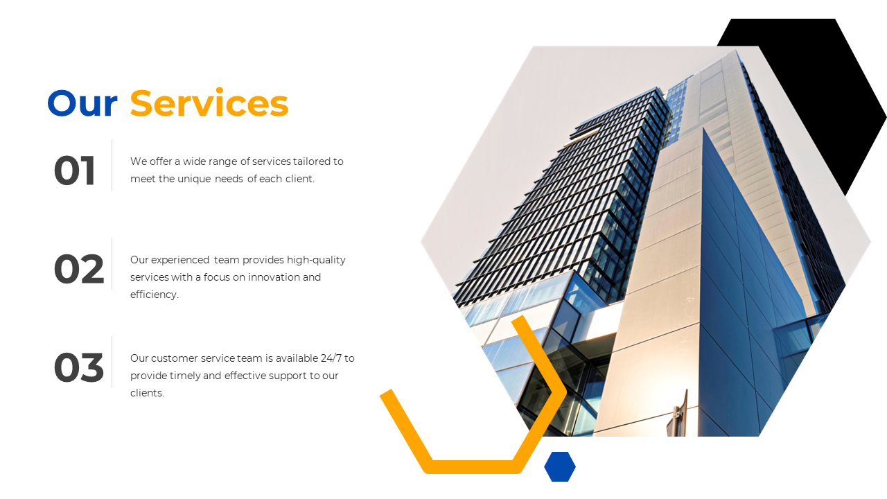 Our Services PowerPoint slide features a modern building background and three key points on a white backdrop.