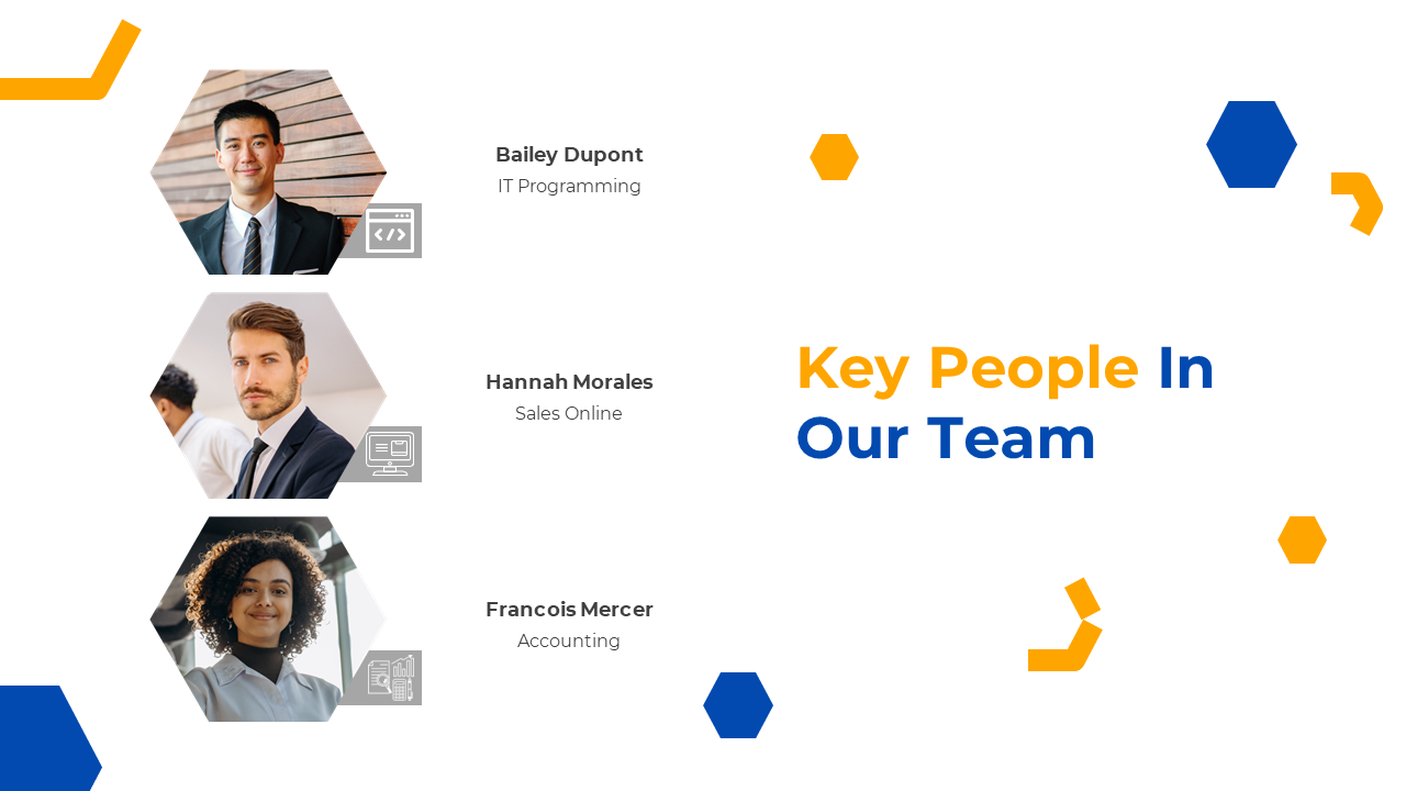 Key people slide featuring team members in hexagon shapes with photos on a white backdrop with icons.