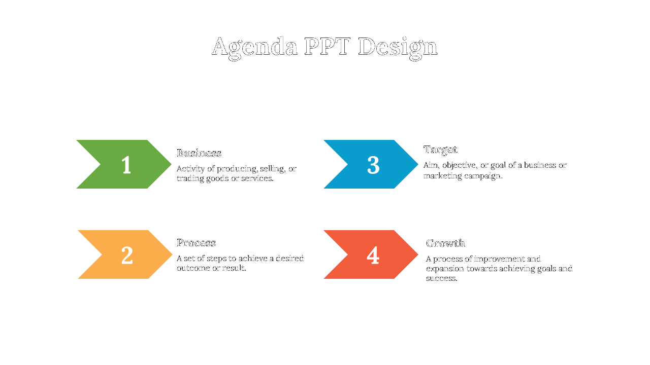Agenda PPT slide design with four sections each with a brief description inside color coded arrows with descriptions.