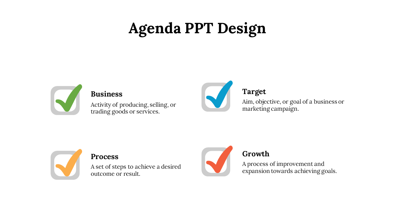 Agenda slide design with four sections each with a description and a corresponding checkmark in colored boxes.