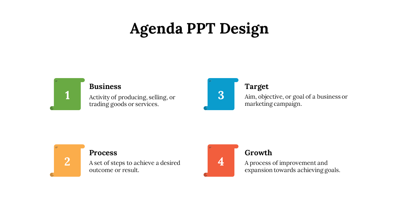 Agenda PPT design slide with colored box icons for business, process, target, and growth, each with a description below.