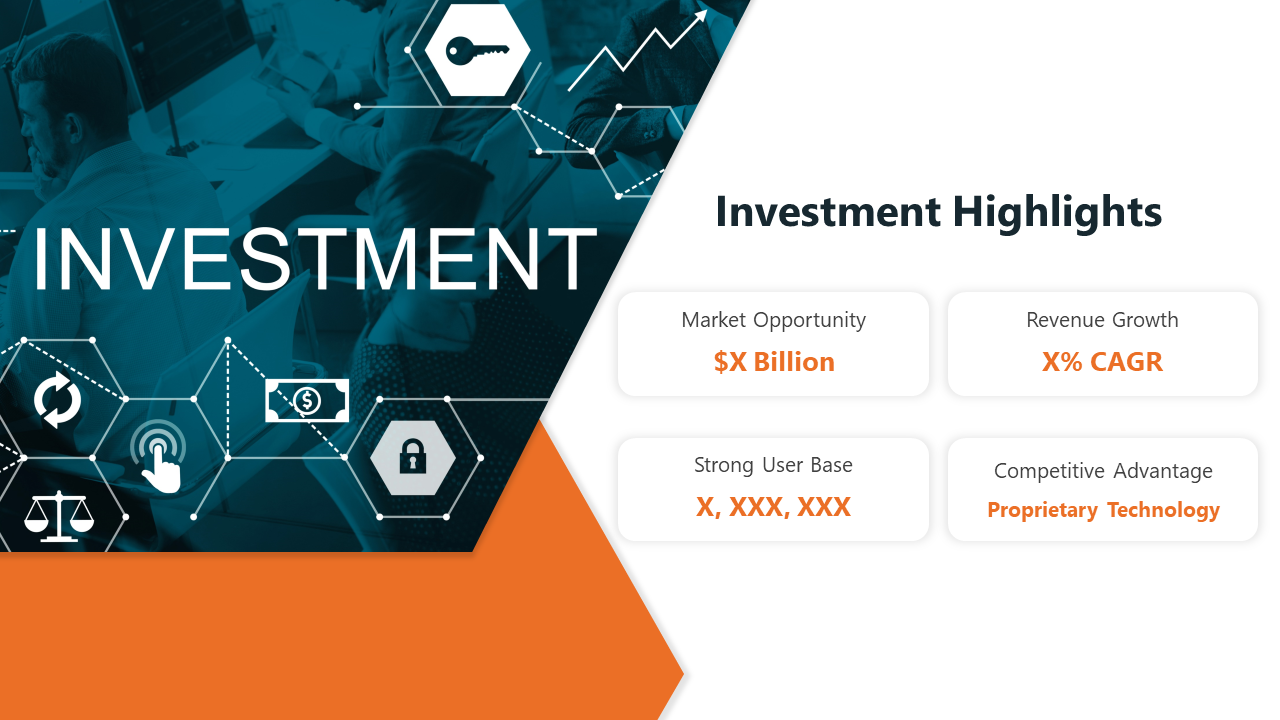 Investment Highlights slide featuring key data points on a white and orange theme with icons.
