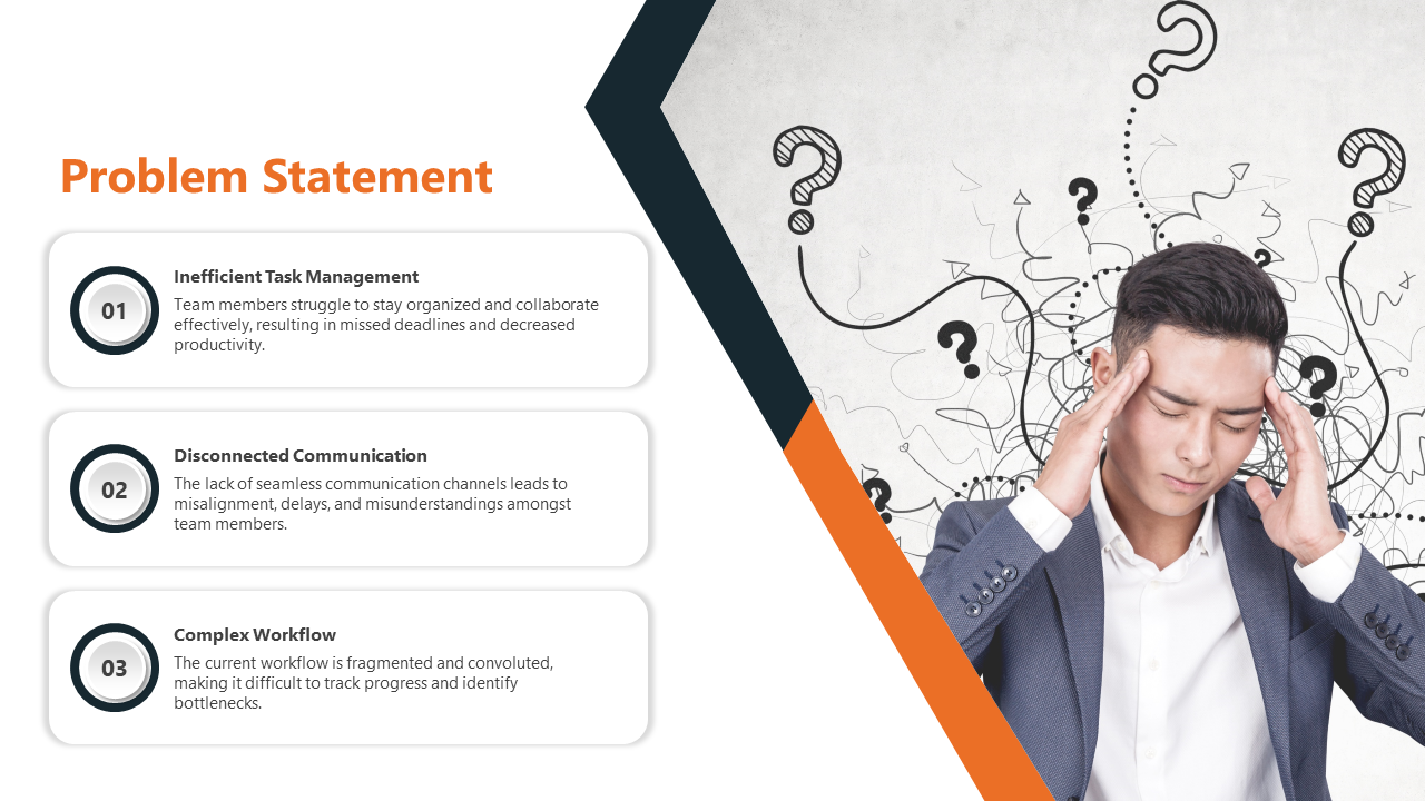 A man with a headache in front of a chaotic background with question marks, highlighting a problem statement in white theme.