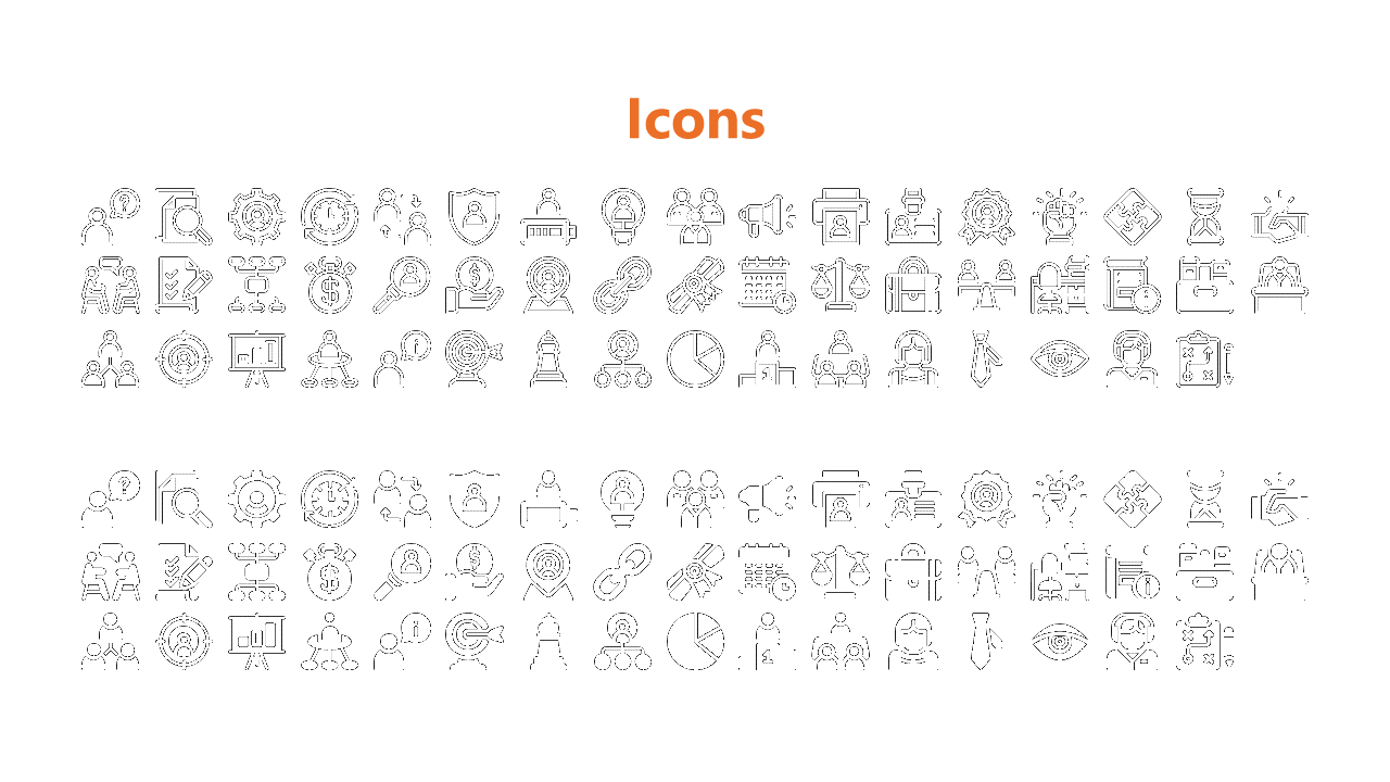 A collection of various business icons in black and white, including symbols for teamwork, analysis, goals, and leadership.