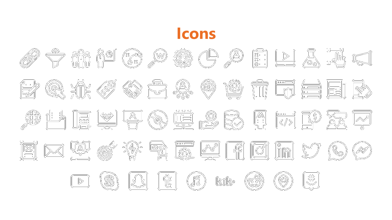 Set of business and social media icons in black and white, including symbols and popular platforms like Twitter and LinkedIn.