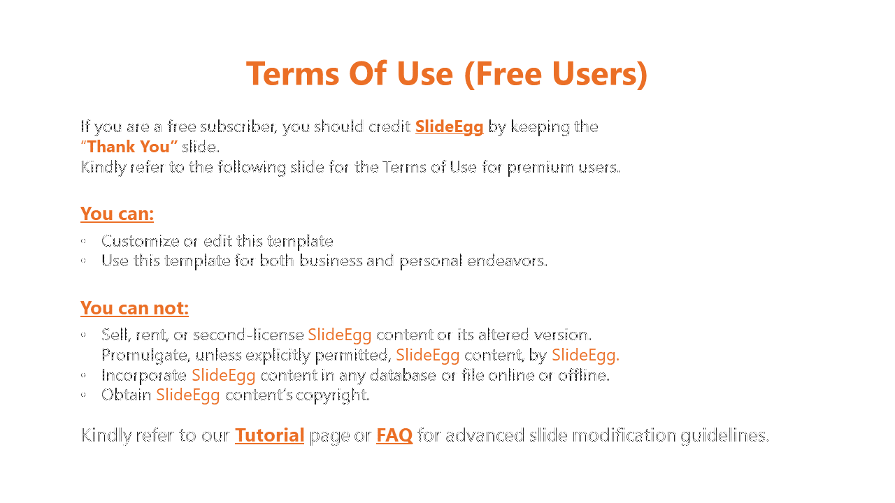 Terms of use for free users, outlining rights and restrictions for customizing and using SlideEgg templates in white theme.