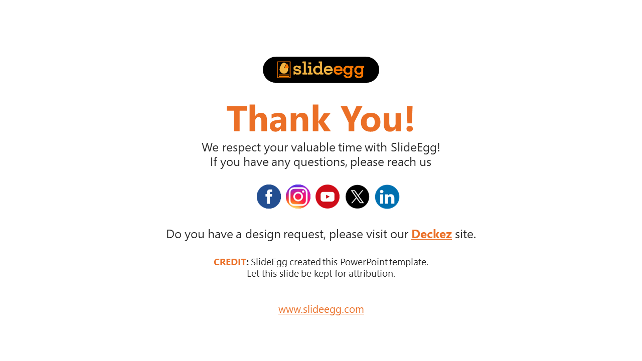 A thank you slide from SlideEgg, displaying contact information with social media icons and a website link in white theme.