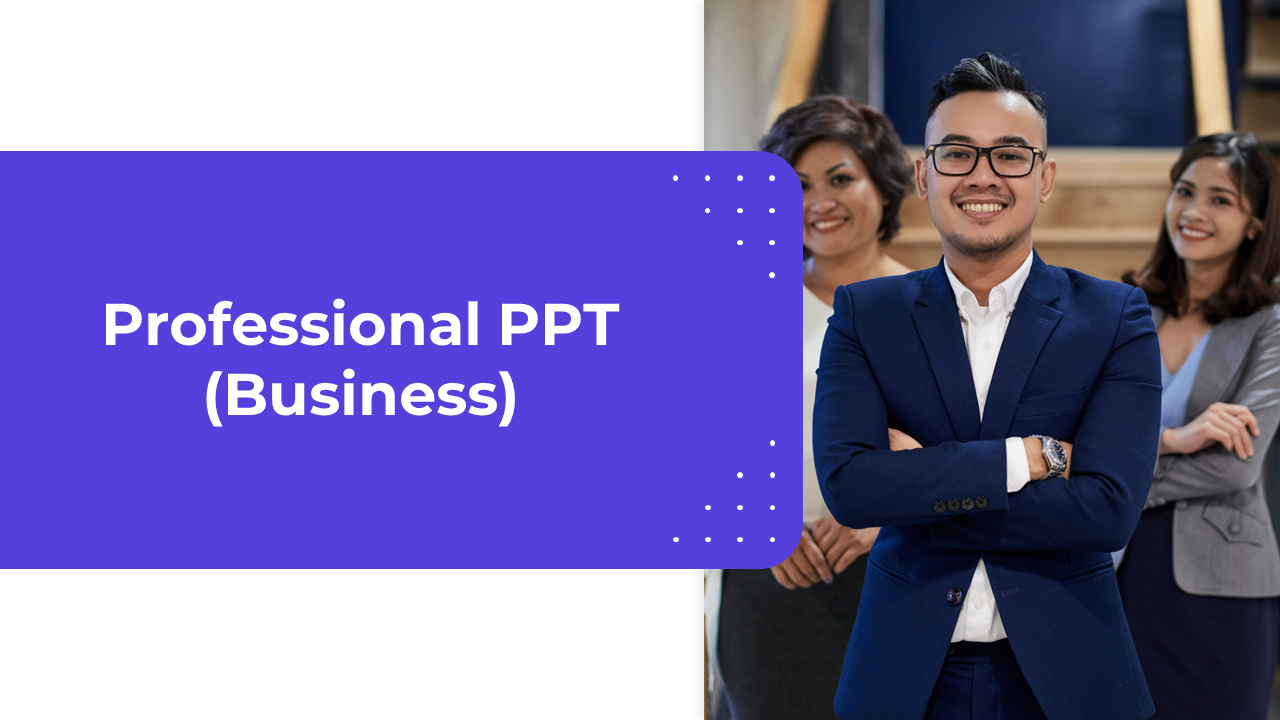 A group of three business professionals standing together, with one man smiling and a title in a purple box.