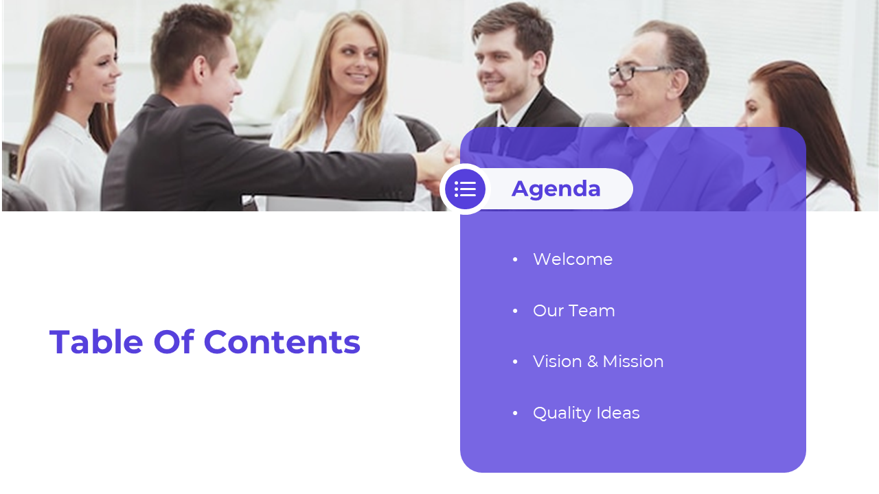A table of contents slide featuring a professional meeting and an agenda section listing topics on a white and purple box.
