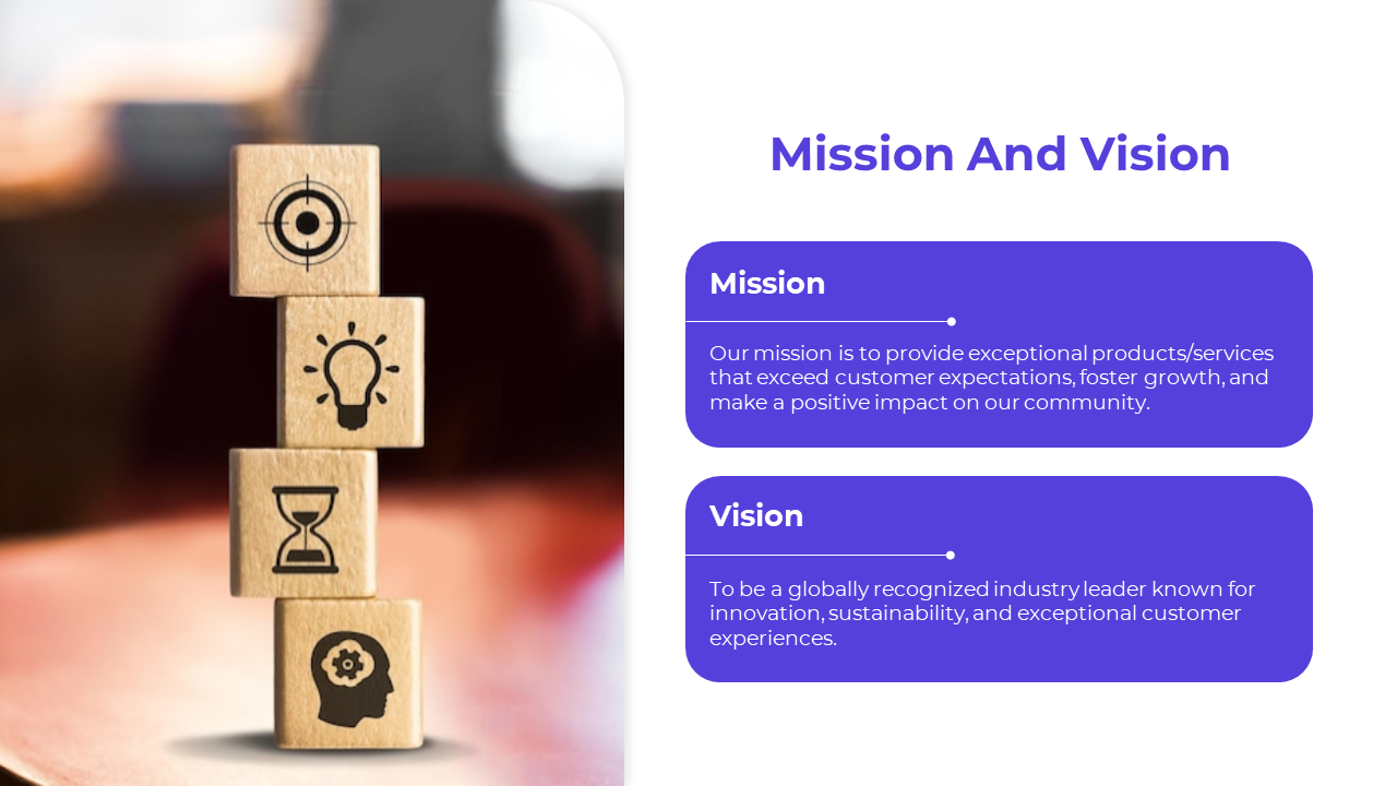 Mission and vision slide with a set of wooden blocks representing icons alongside company mission and vision statements.