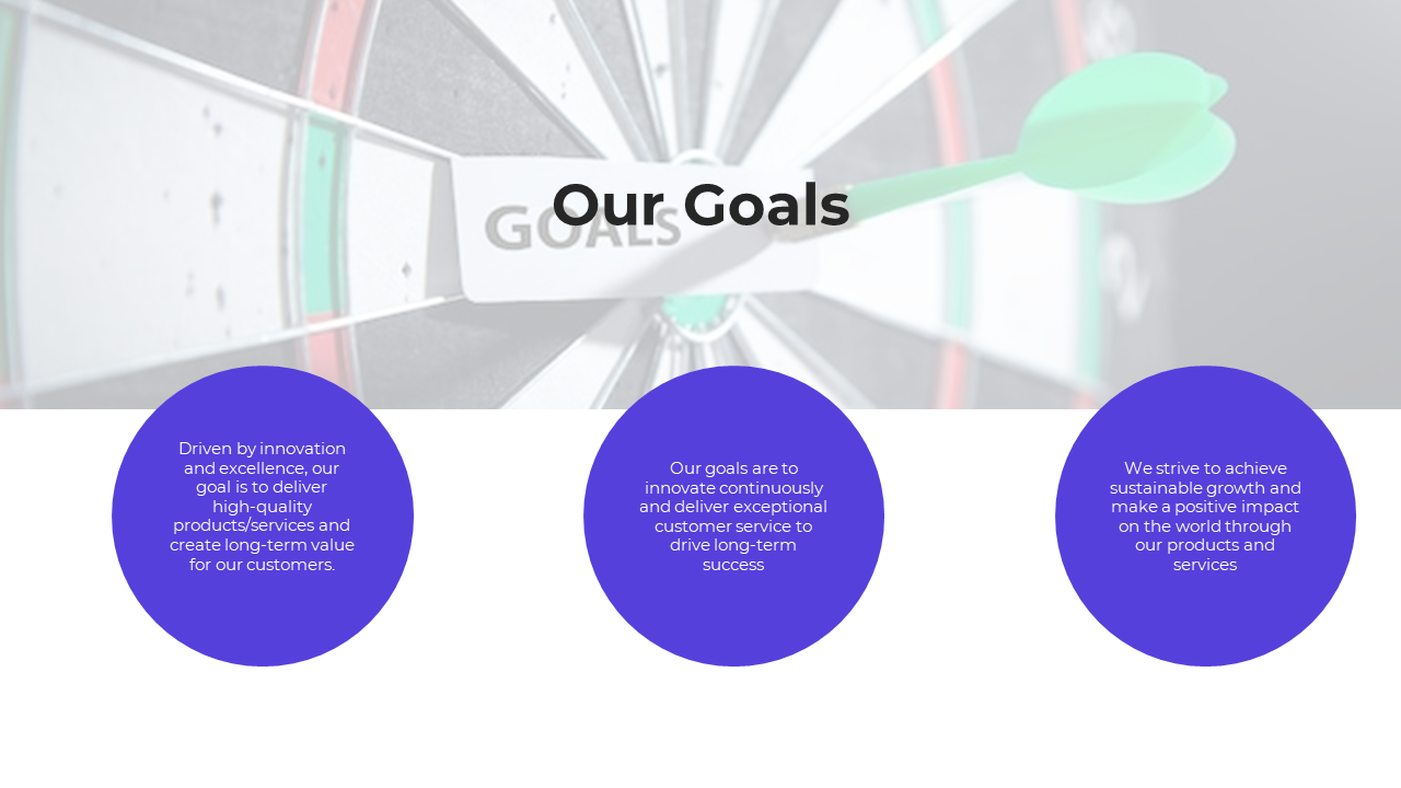 Slide showing the company's goals with a dartboard background, featuring statements with 3 violet circles in a white theme.
