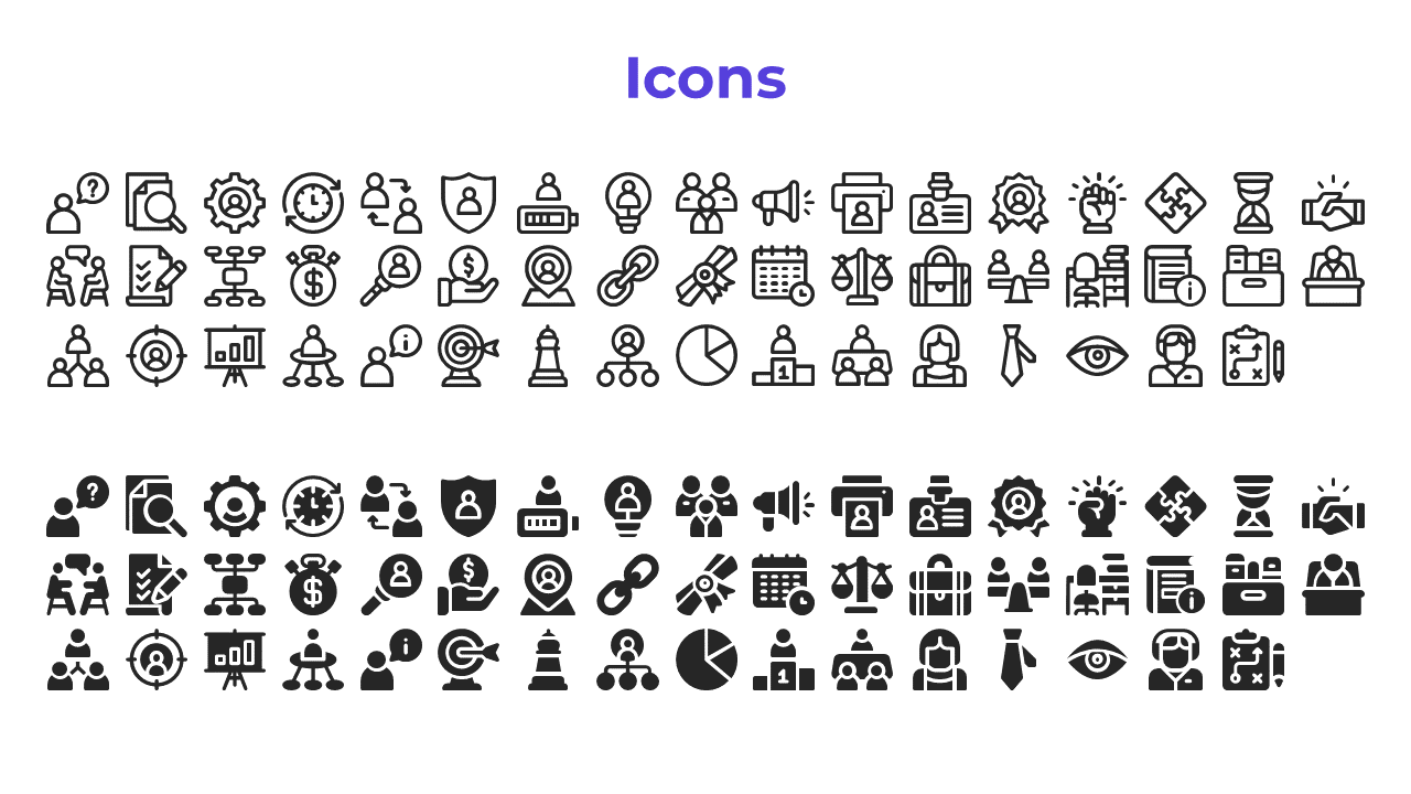 A collection of black and white business icons, including symbols for teamwork, analysis, communication, and planning.