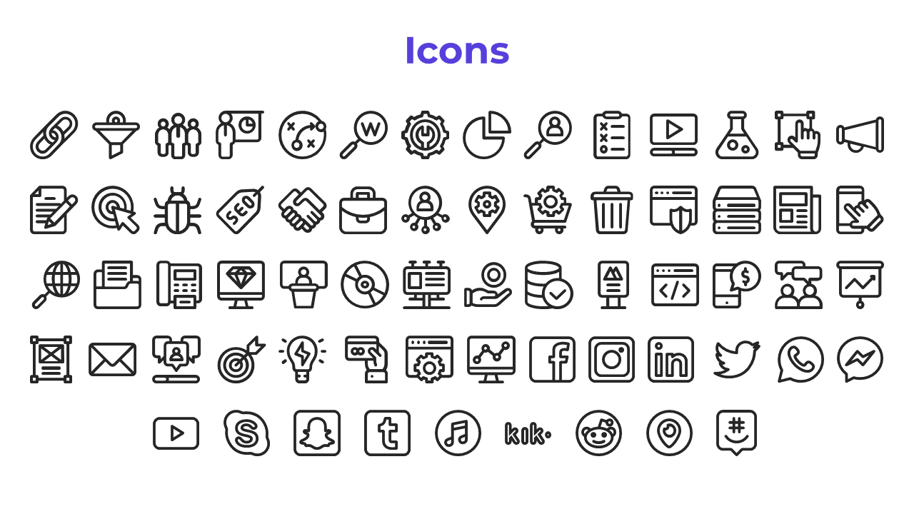 A variety of black and white icons representing business and social media tools, including SEO, and social media platforms.