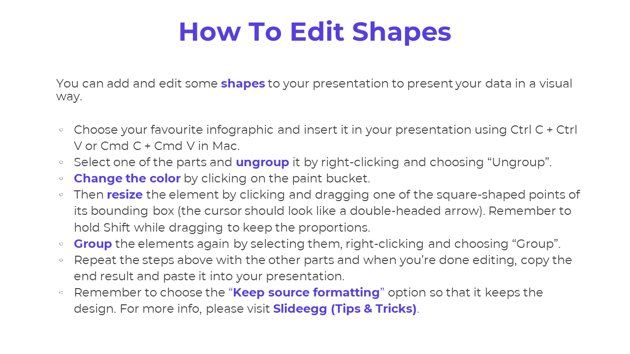 A slide with instructions on editing shapes in PowerPoint, including steps for ungrouping, resizing, and changing color.