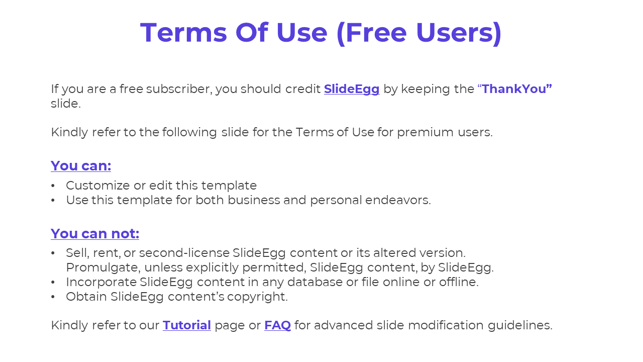 Terms of Use for free users outlining the rules for customizing and editing templates on a white backdrop with bullet points.