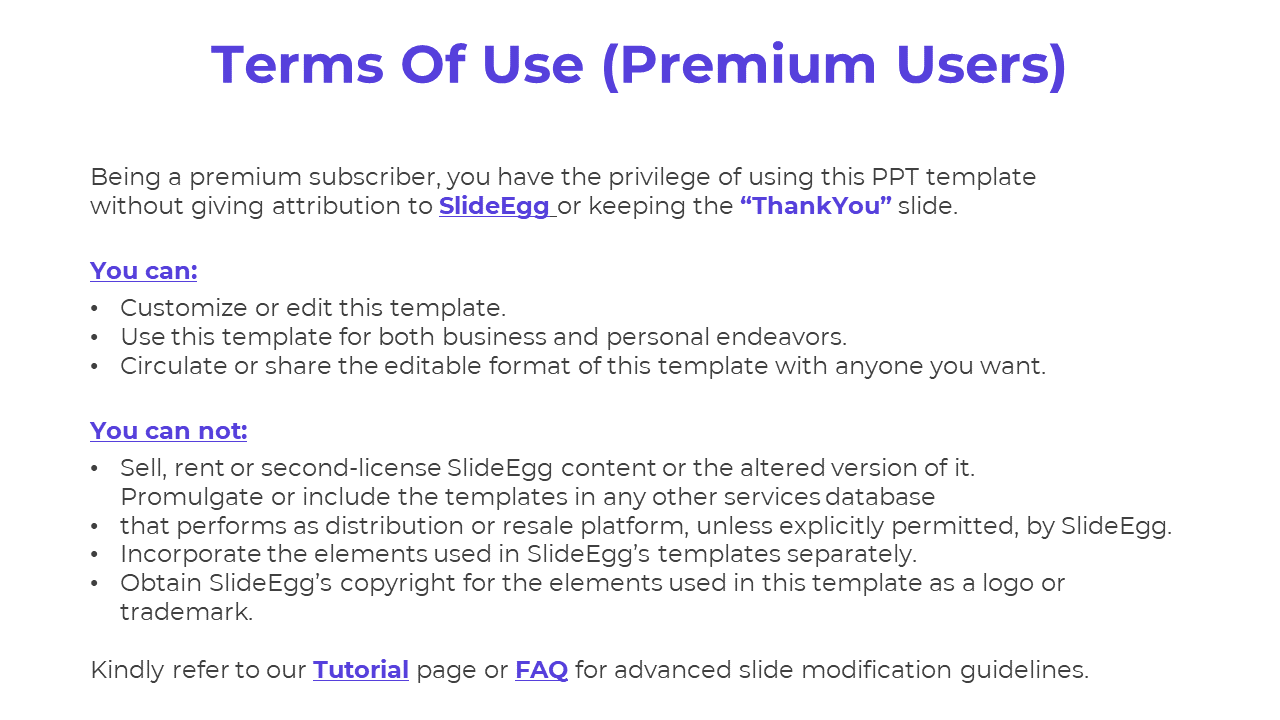 Terms of use for premium SlideEgg users, explaining the rights to edit, customize, and share templates in a white backdrop.