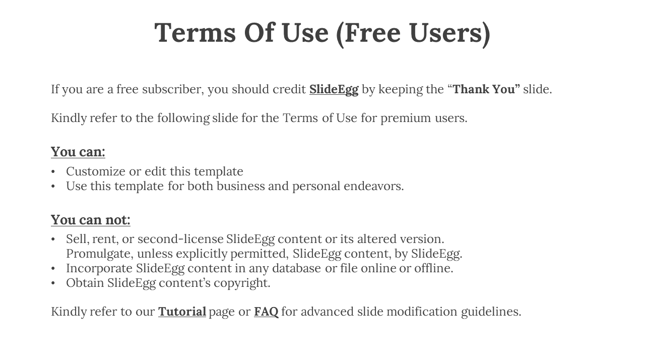 SlideEgg usage guidelines for free user including rights to edit templates and restrictions on content resale in white theme.